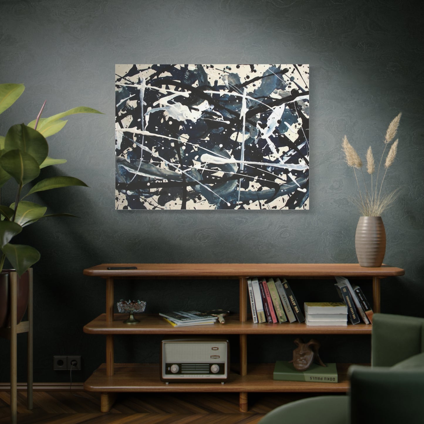 Abstract Drip Painting Canvas Print — Blue & Black Modern Wall Art (Matte Stretched)