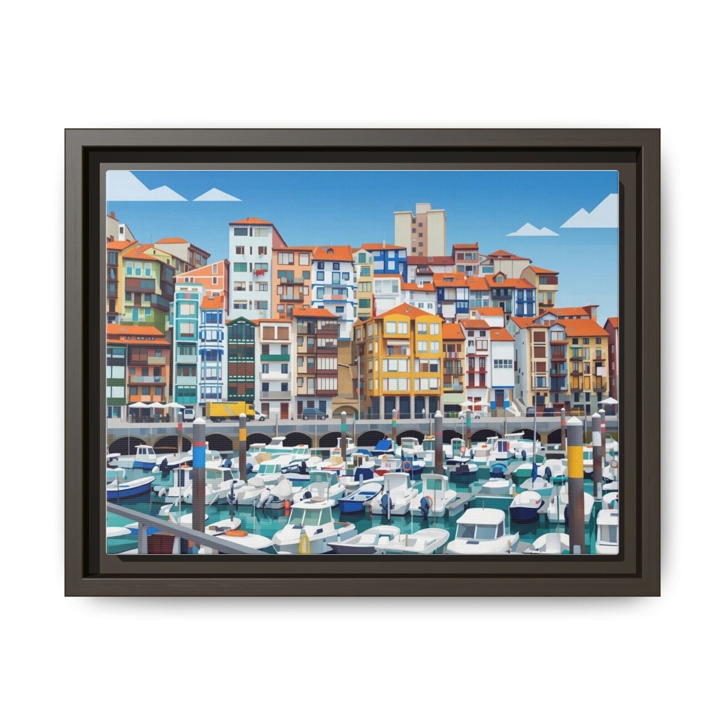 Framed Matte Canvas Print — Colorful Mediterranean Harbor Illustration