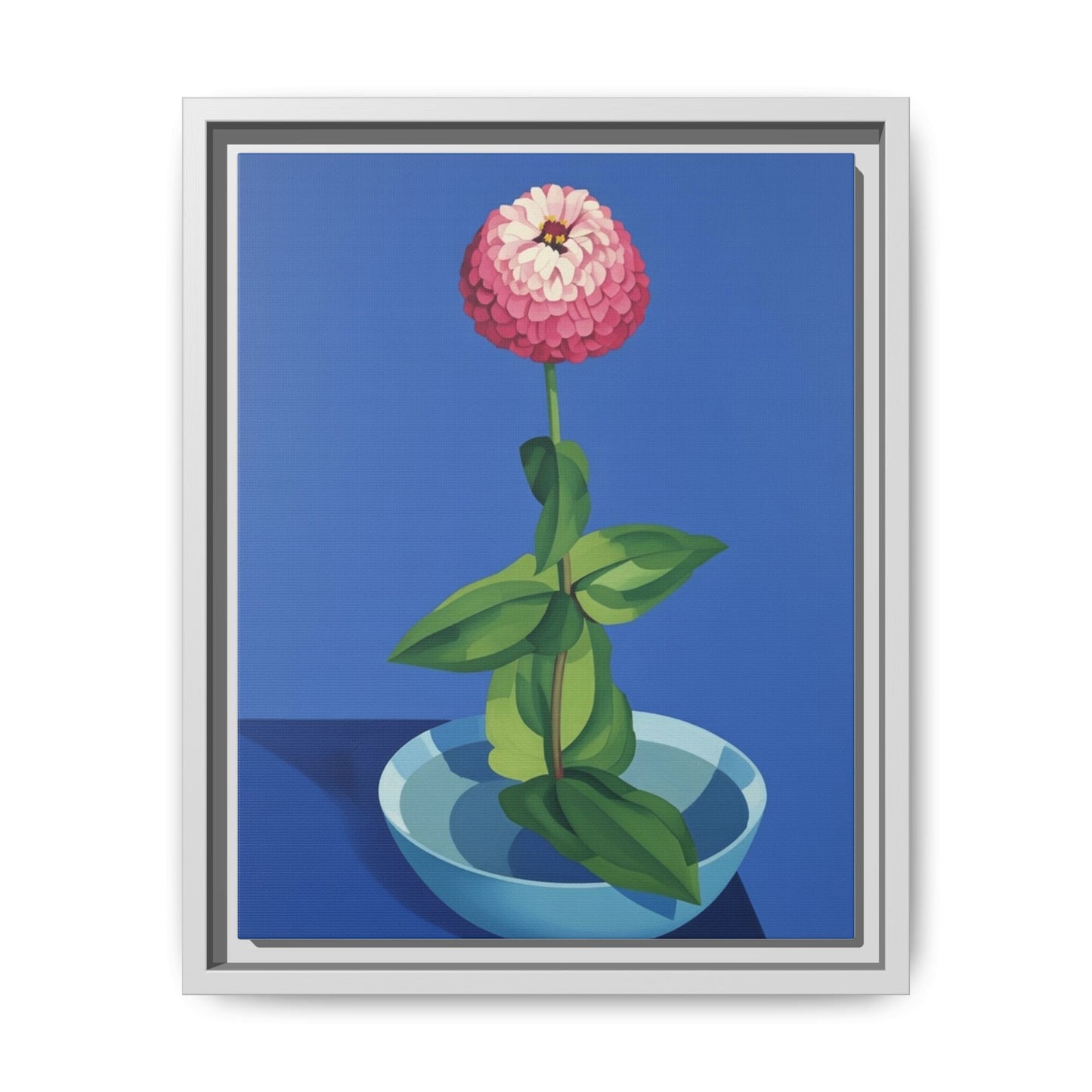 Framed Matte Canvas Art — Pink Zinnia in Blue Bowl (Botanical Still Life)