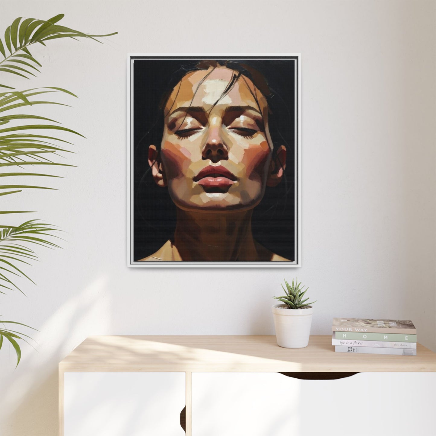 Framed Matte Canvas Portrait – Woman with Eyes Closed (Multi‑Color)
