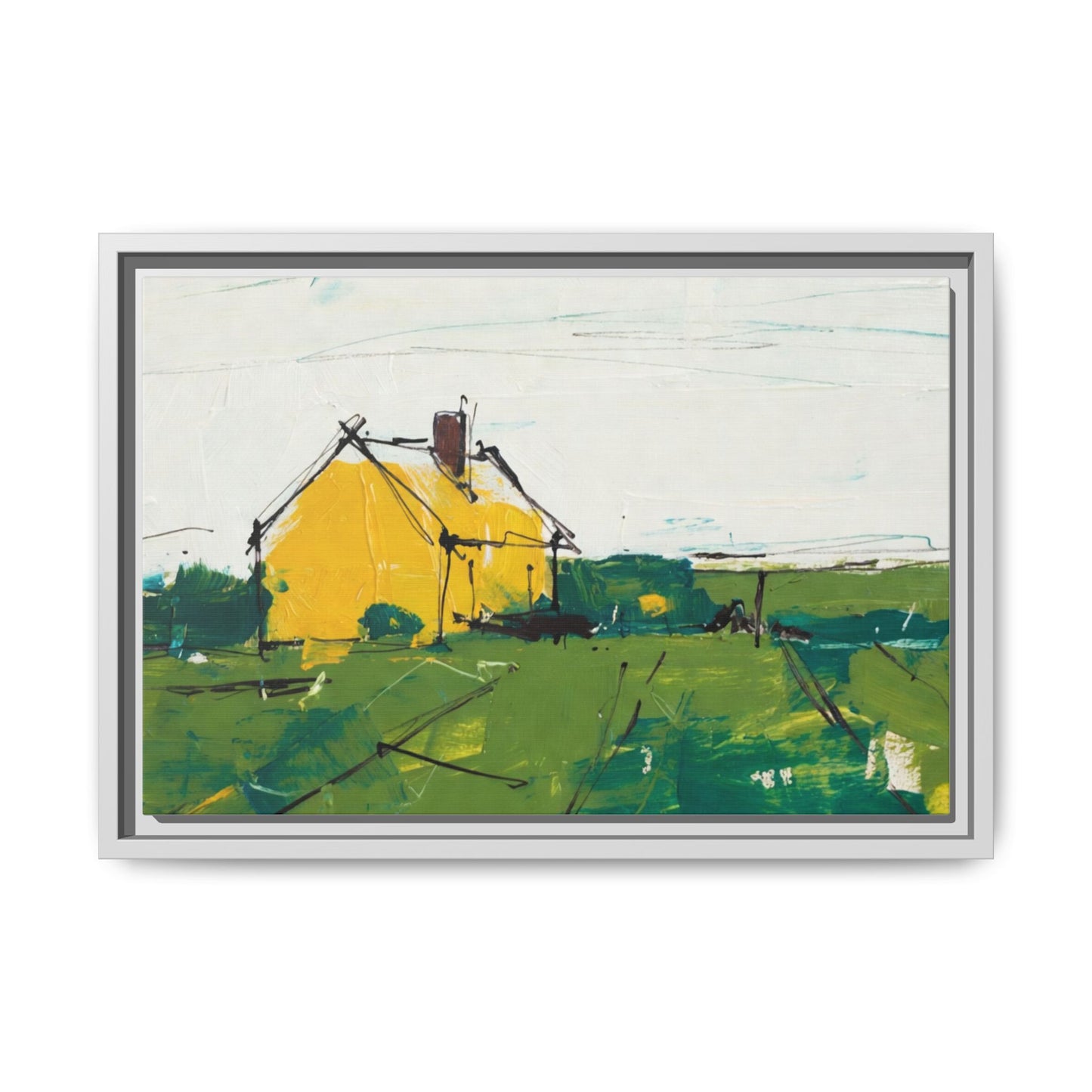 Yellow Cottage Landscape Framed Canvas Print