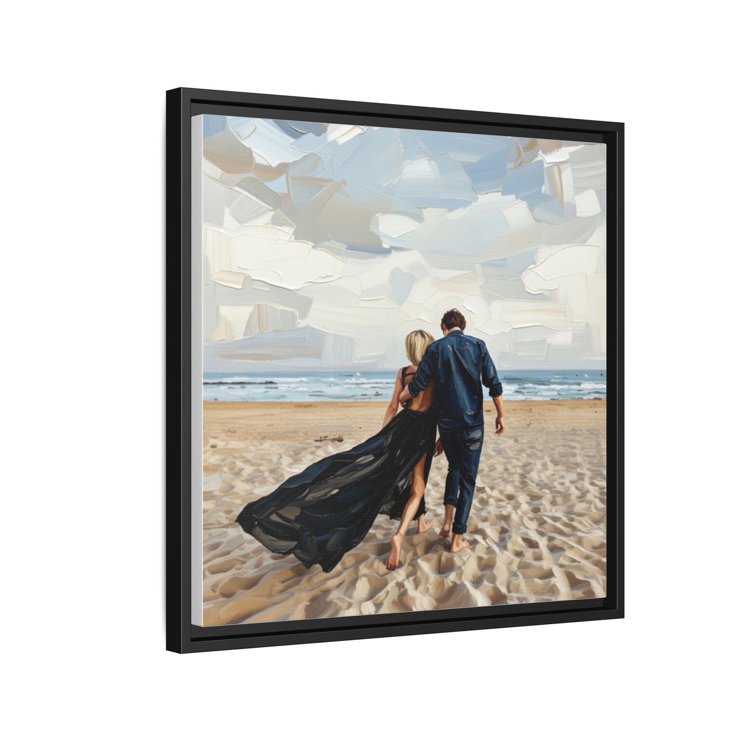 Framed Canvas Wall Art — Romantic Couple Walking on Beach Print