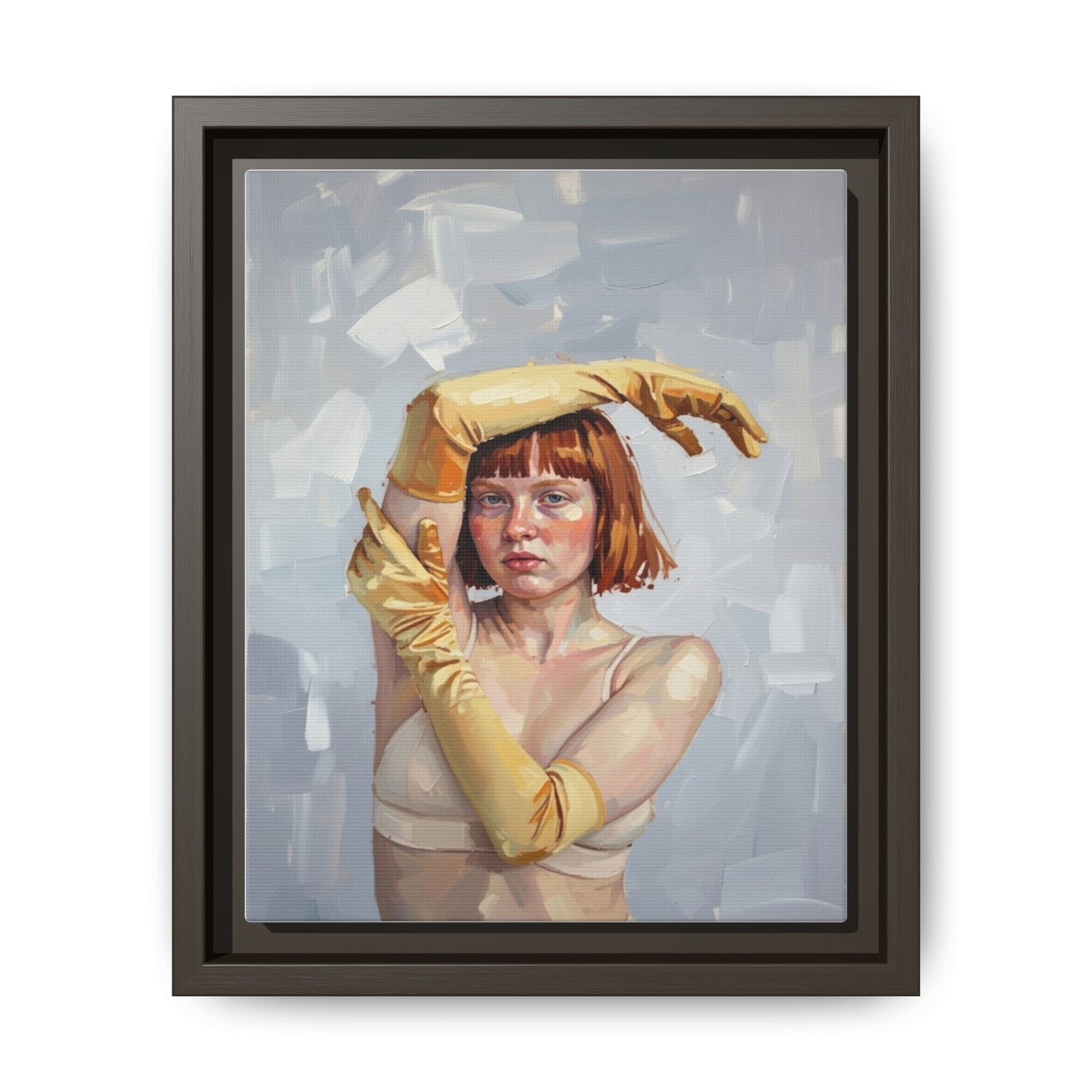 Contemporary Portrait Canvas Print — Woman with Yellow Gloves (Framed Matte)