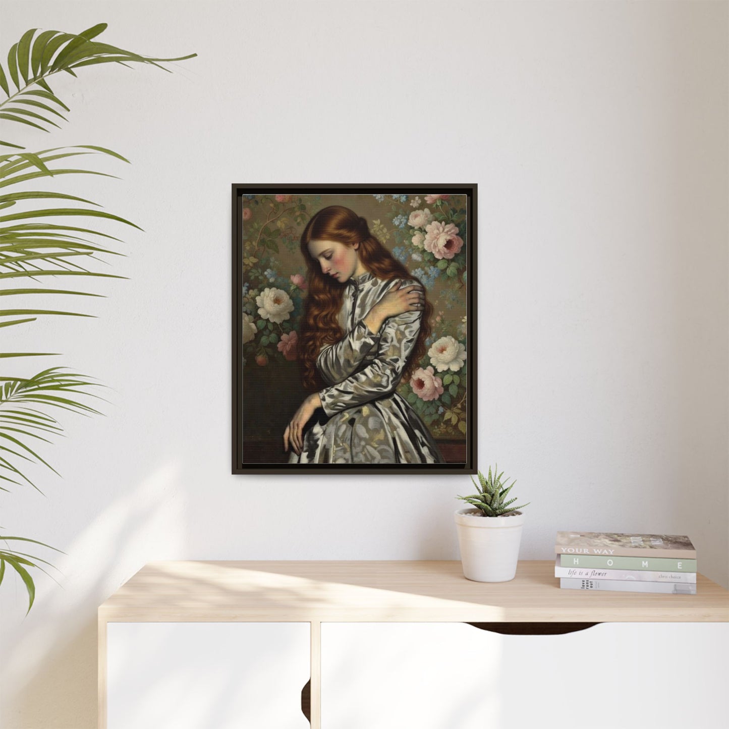 Framed Matte Canvas Art — Vintage Floral Portrait of a Young Woman