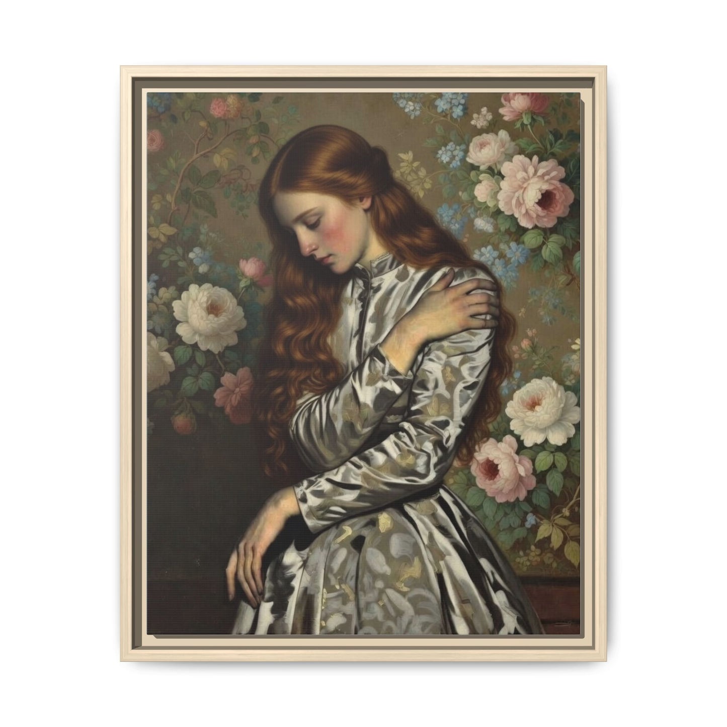 Framed Matte Canvas Art — Vintage Floral Portrait of a Young Woman