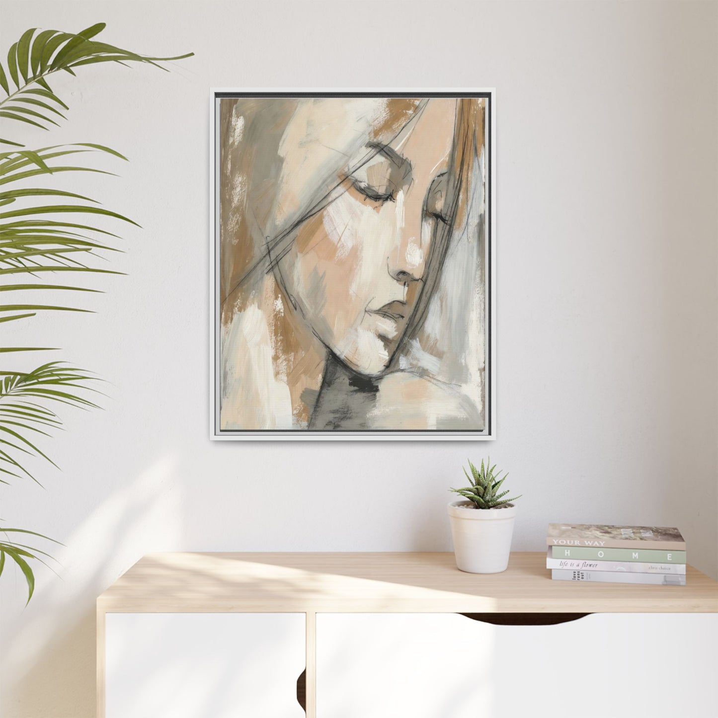 Framed Matte Canvas Art — Serene Abstract Portrait in Neutrals