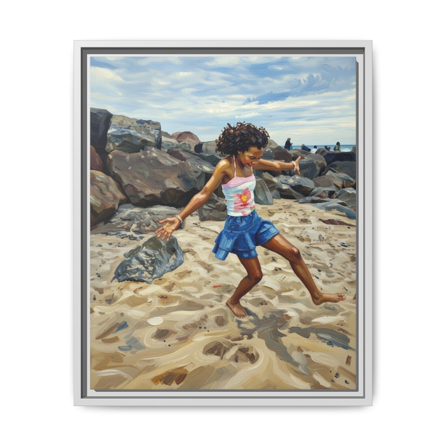 Framed Canvas Art - Girl Dancing on the Beach (Matte Multi-Color)