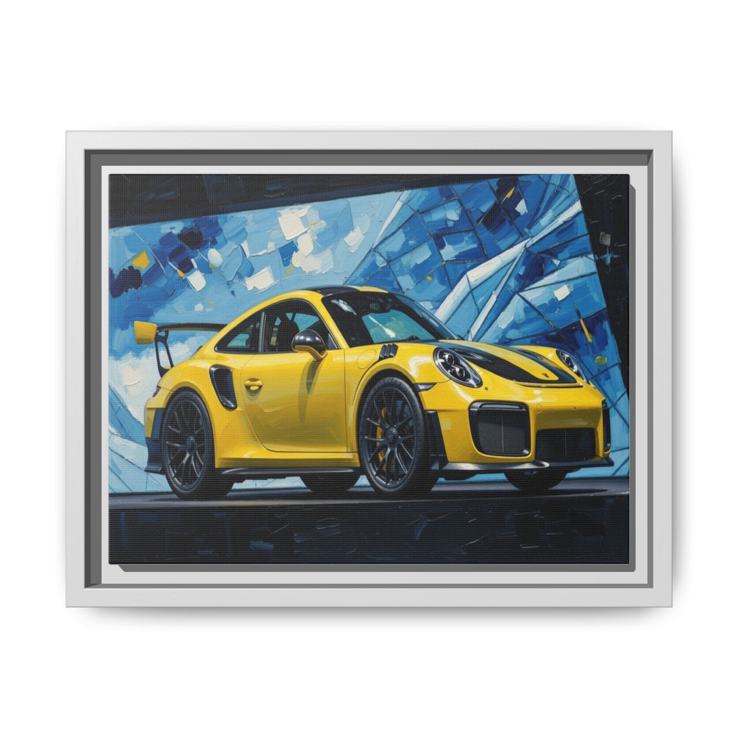 Yellow Porsche Sports Car Matte Framed Canvas – Modern Automotive Wall Art