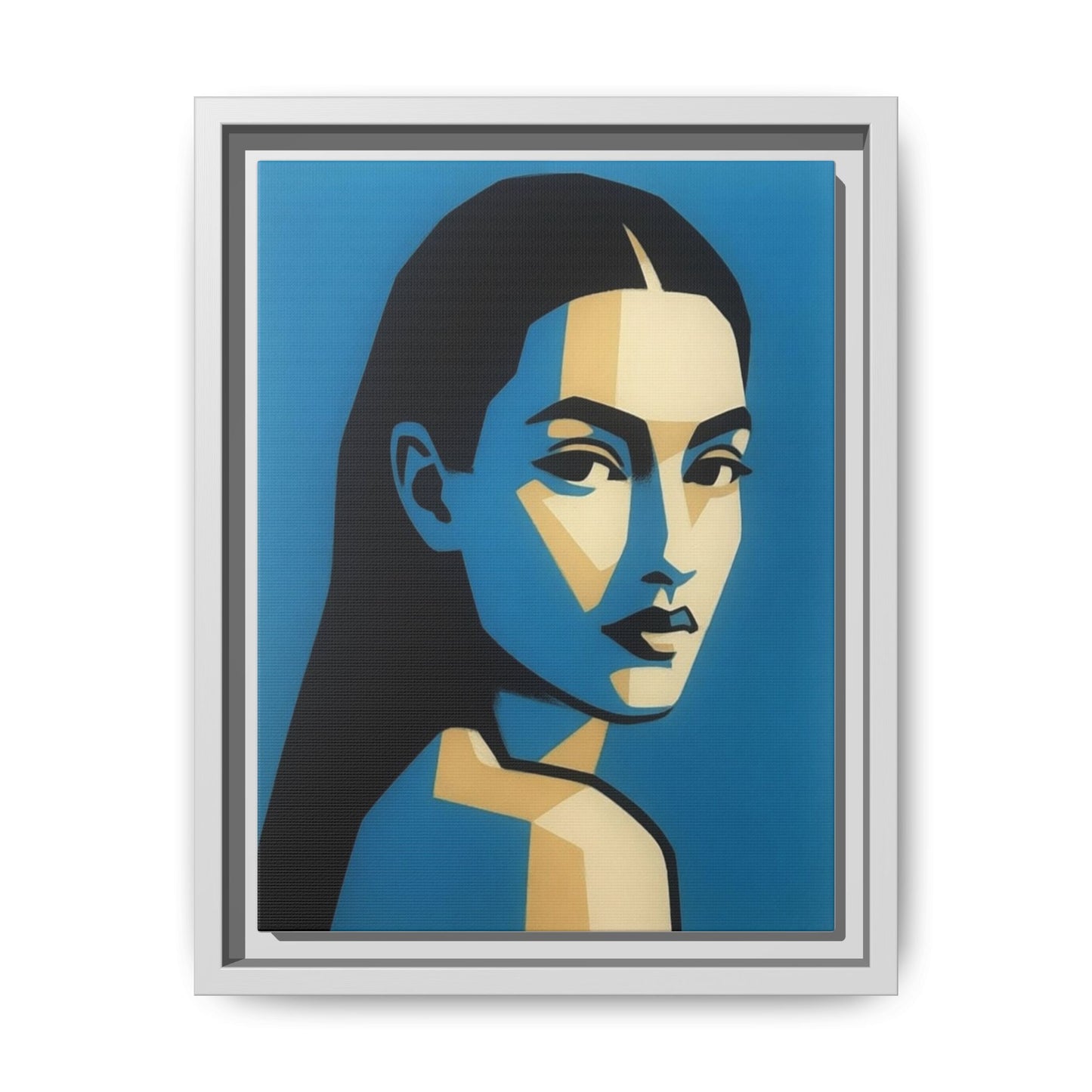 Framed Pop Art Portrait Canvas — Blue Geometric Woman Print