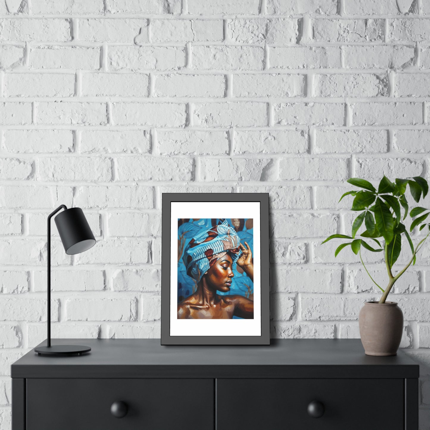 Framed Art Print — Portrait of Woman with Blue Headwrap (Gallery Wall Decor)