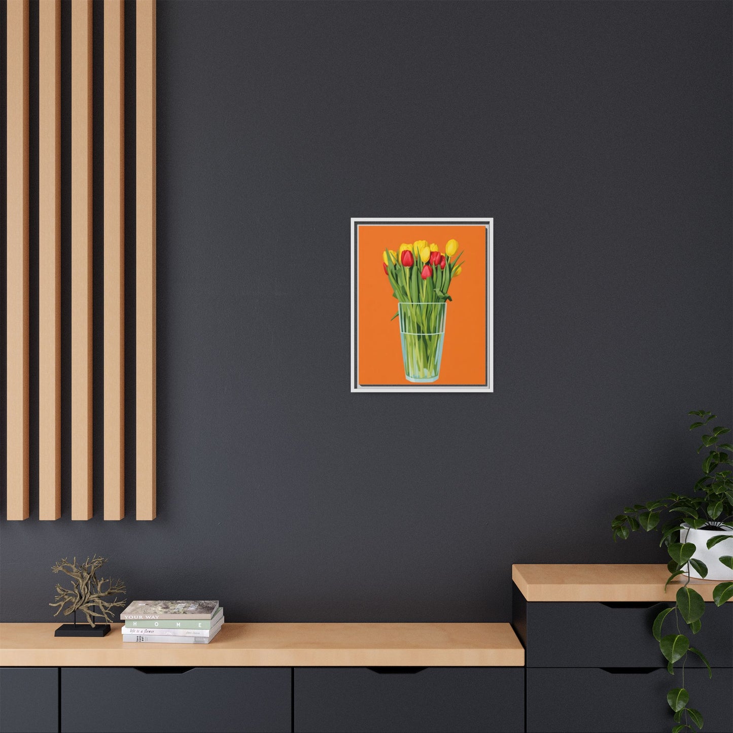 Framed Tulip Canvas Print — Colorful Tulips in Glass Vase