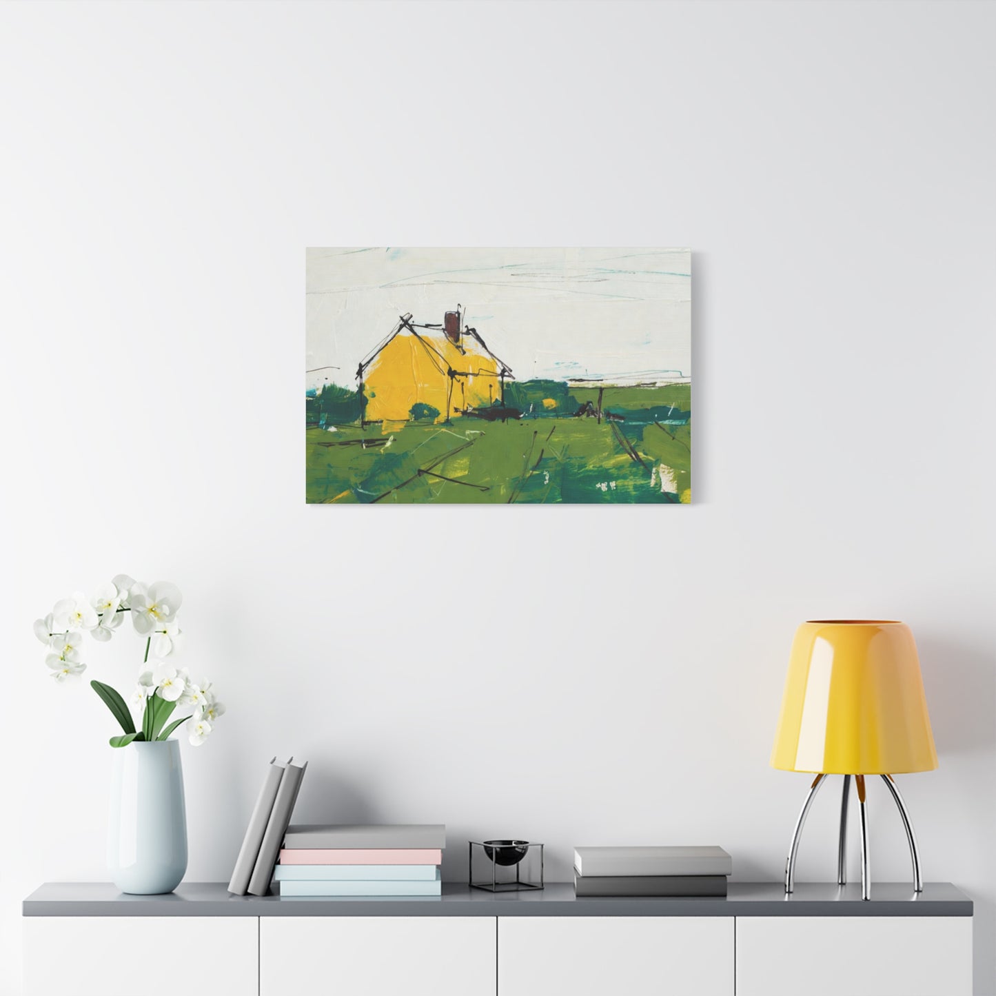 Yellow Cottage Landscape Canvas - Matte Stretched Wall Art
