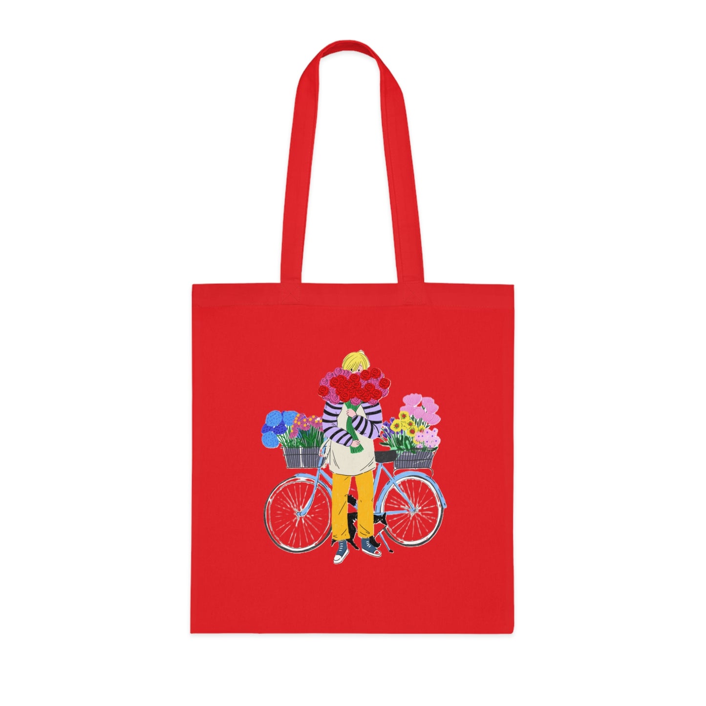 Floral Bike Tote Bag — Cotton Market Tote with Colorful Flower Bicycle Design