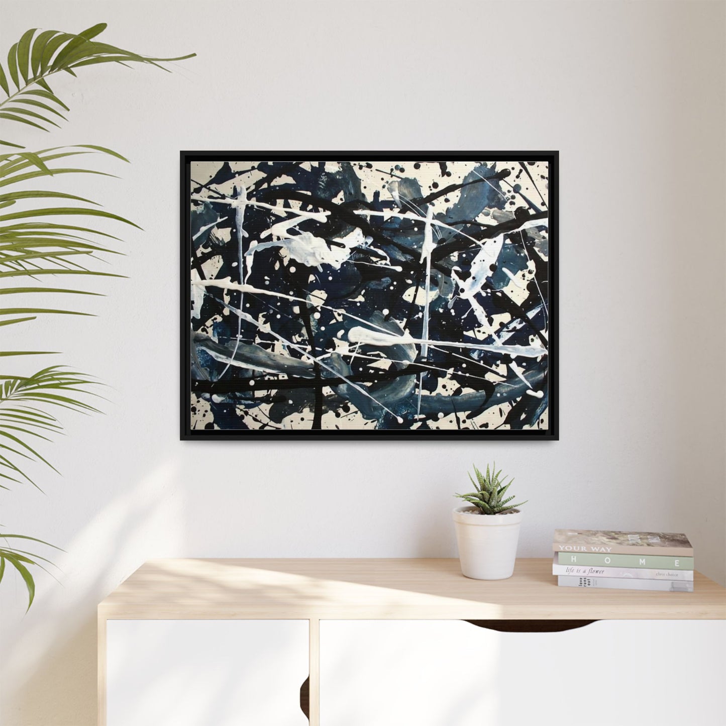 Abstract Splatter Matte Canvas Framed Wall Art — Black & Blue Modern Art Print