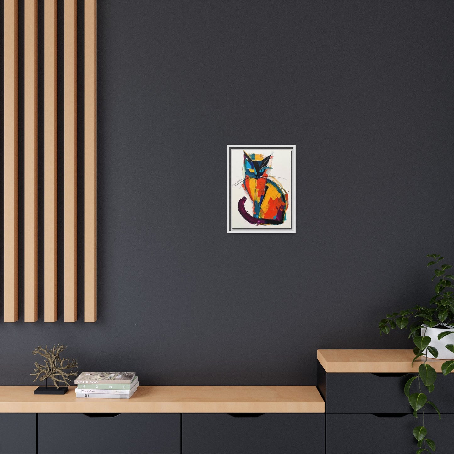 Colorful Abstract Cat Framed Canvas — Modern Matte Wall Art