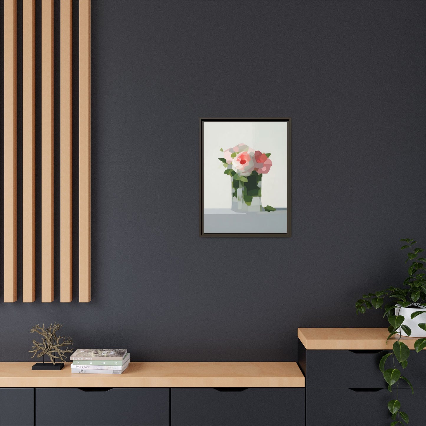 Framed Floral Canvas Print — Modern Pink Roses Still Life