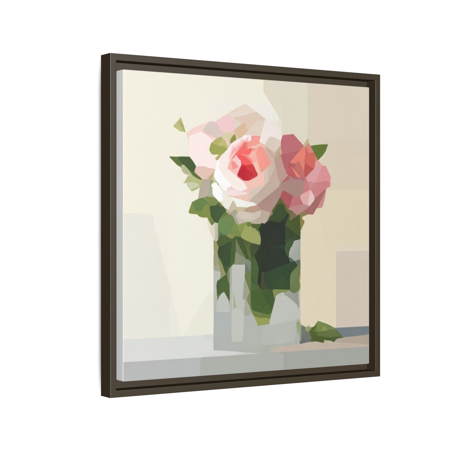 Framed Floral Canvas Print — Geometric Pink Rose Wall Art