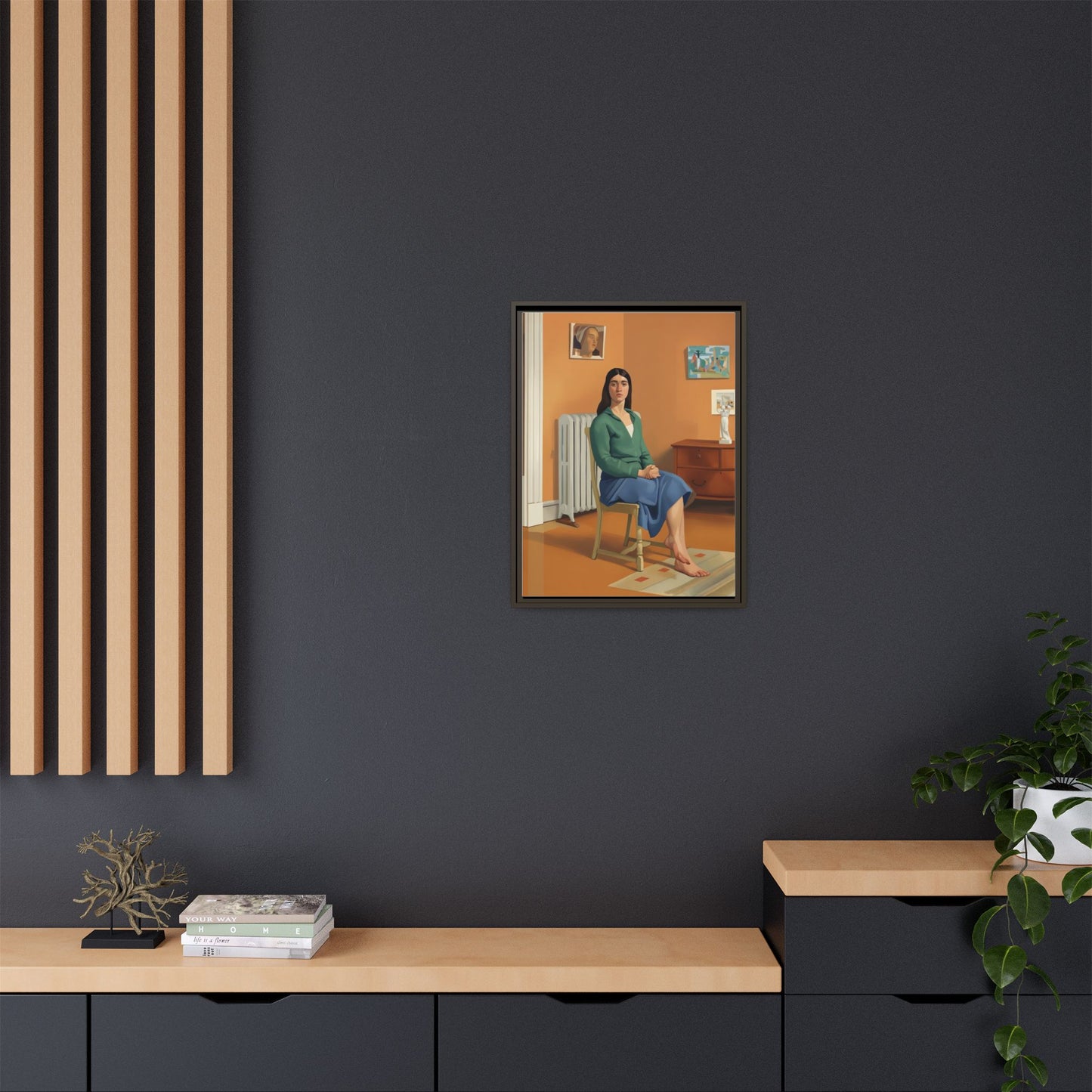 Framed Matte Canvas Print — Woman Seated in Warm Interior (Midcentury Portrait)