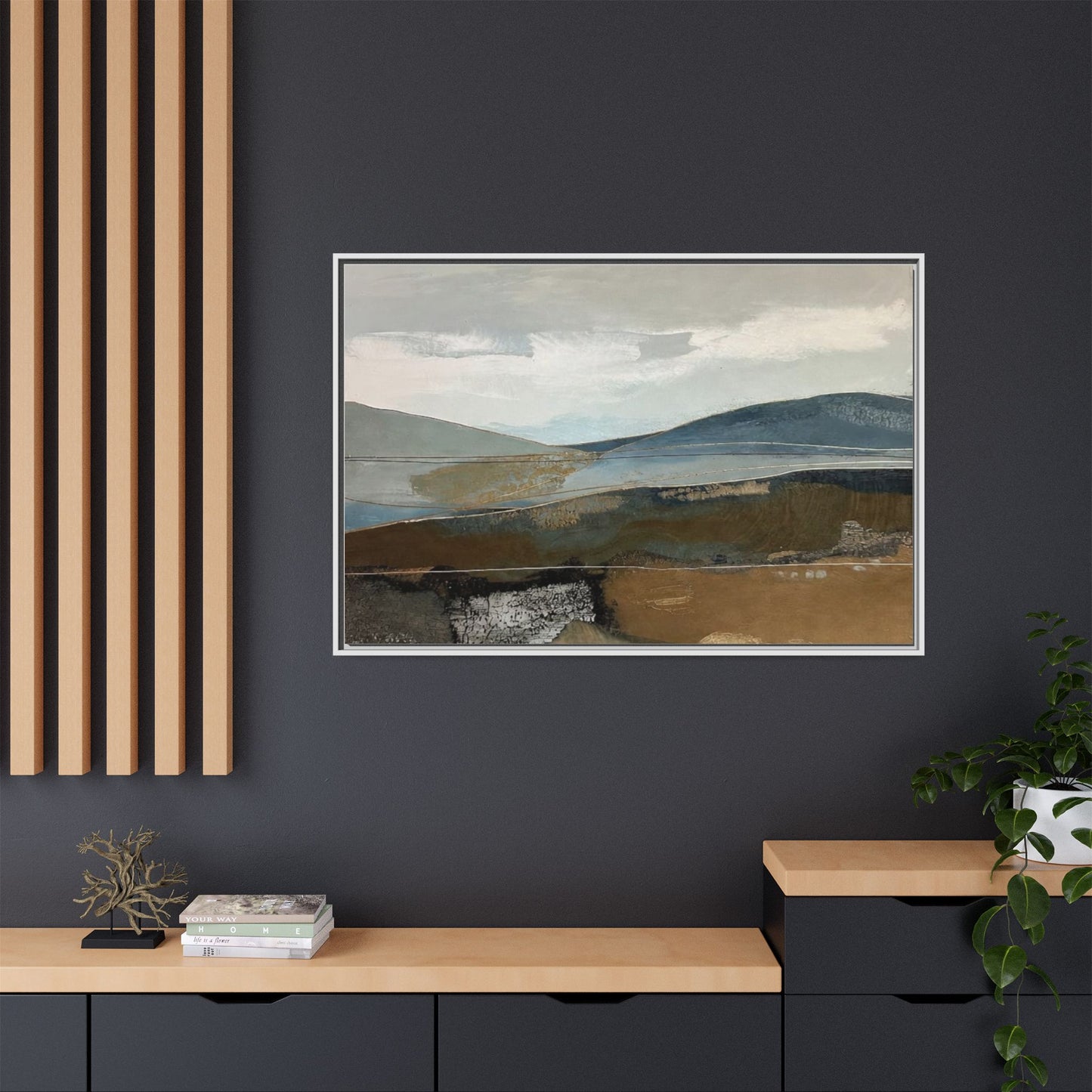 Framed Matte Canvas Landscape Art - Serene Abstract Hills in Blue & Earth Tones