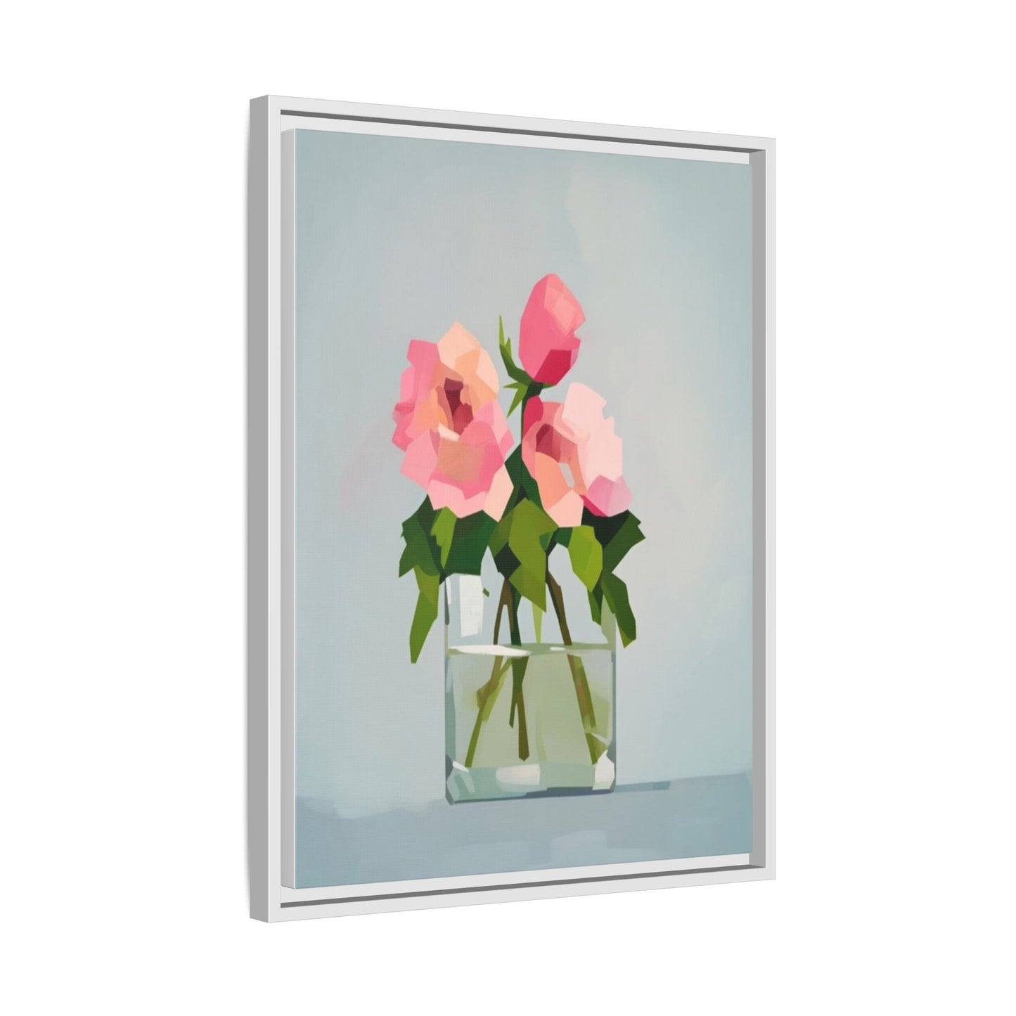 Framed Floral Canvas Print — Pink Roses in Glass Vase (Matte)