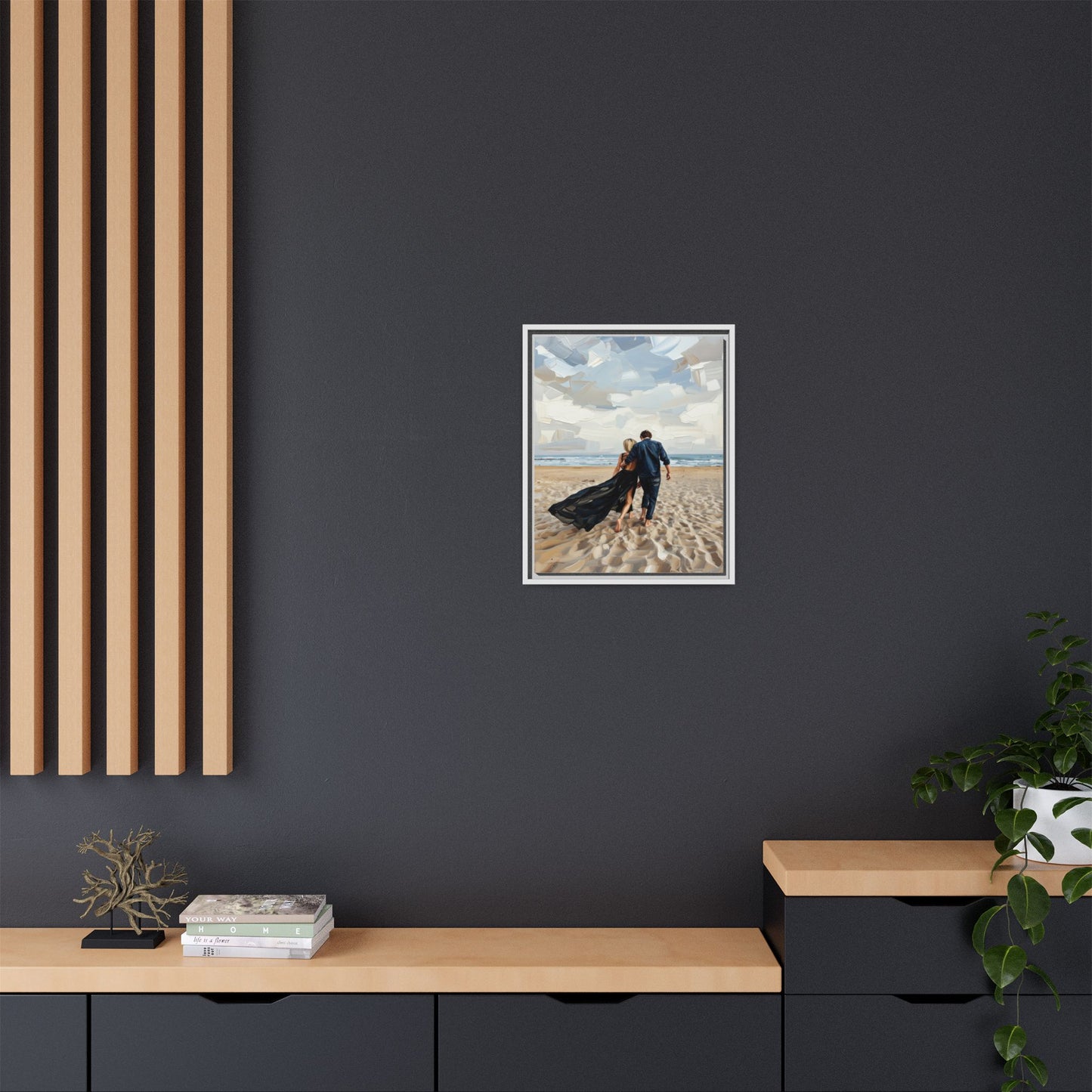 Framed Canvas Wall Art — Romantic Couple Walking on Beach Print