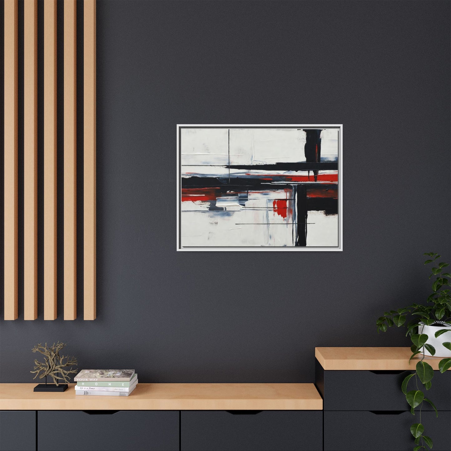 Abstract Red & Black Framed Canvas Art — Modern Matte Wall Painting
