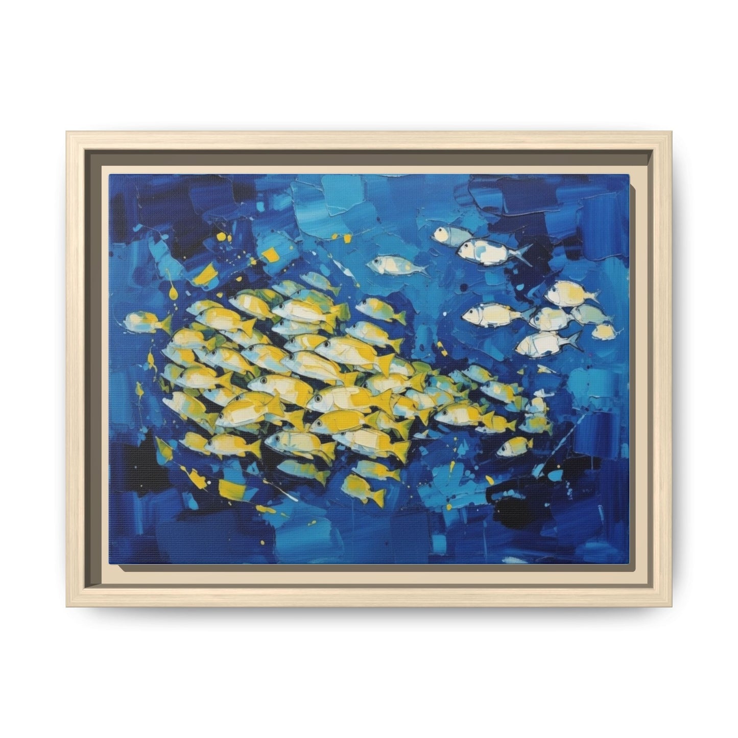 Framed Matte Canvas: Blue School of Fish Wall Art
