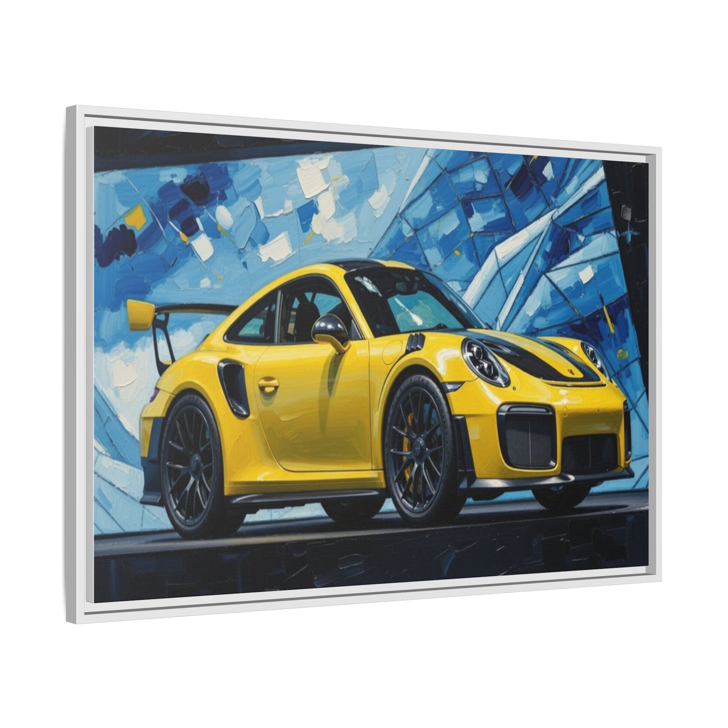Yellow Porsche Sports Car Matte Framed Canvas – Modern Automotive Wall Art