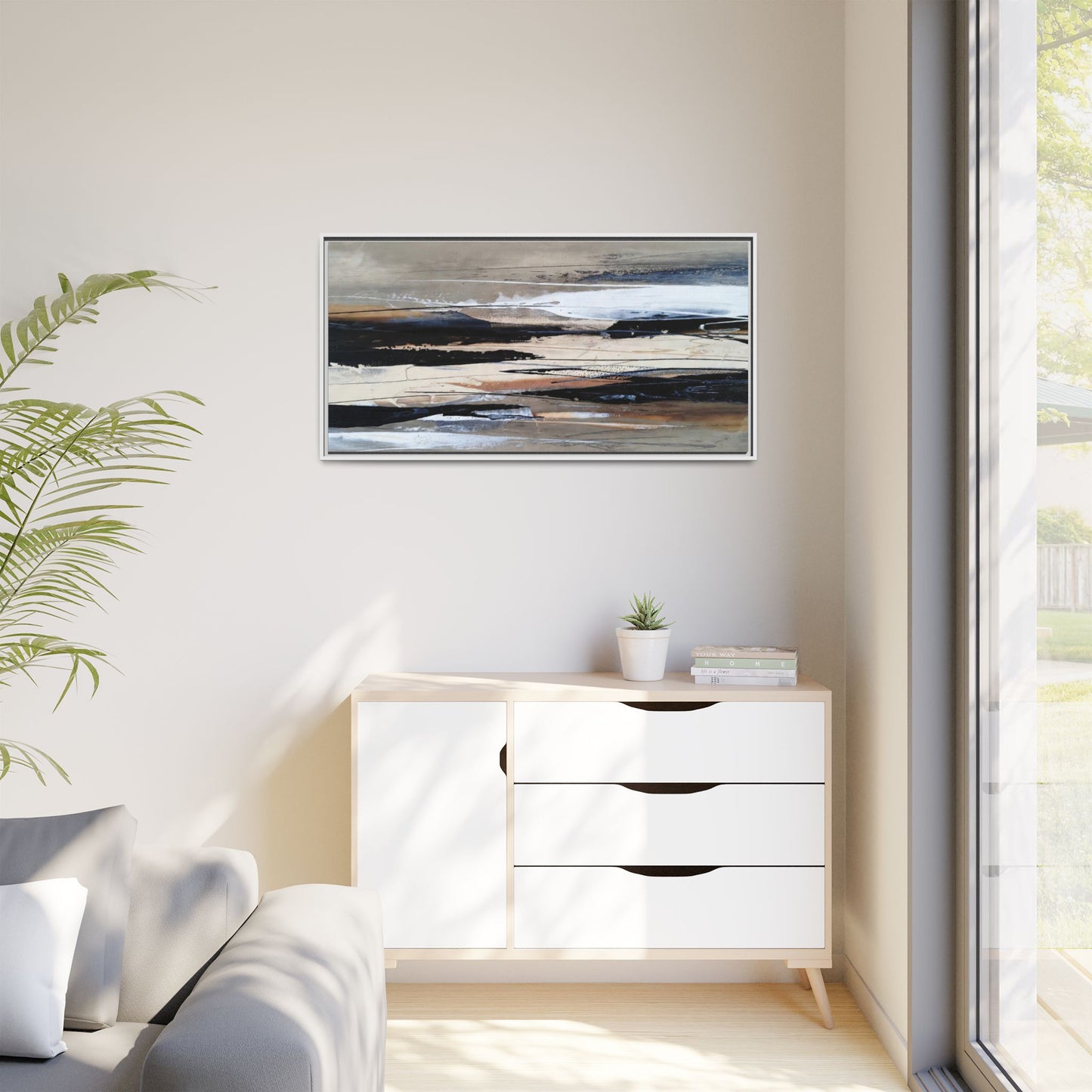 Abstract Seascape Matte Canvas Framed Wall Art — Neutral Coastal Landscape