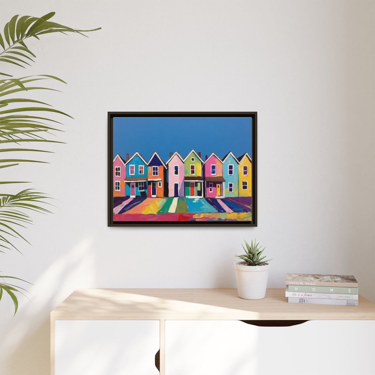 Colorful Beach Houses Matte Canvas Framed Wall Art