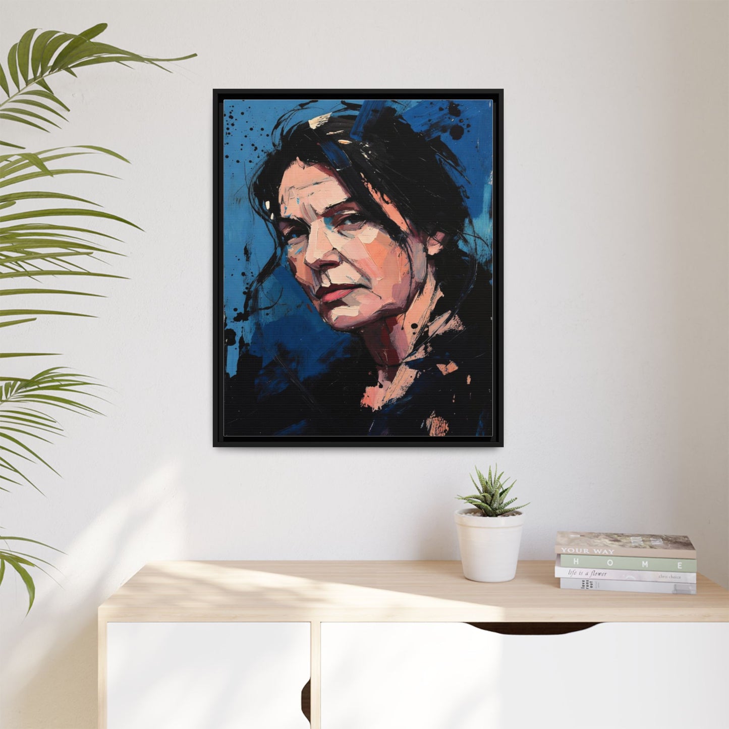 Framed Matte Canvas Portrait — Expressive Blue Painterly Woman Art