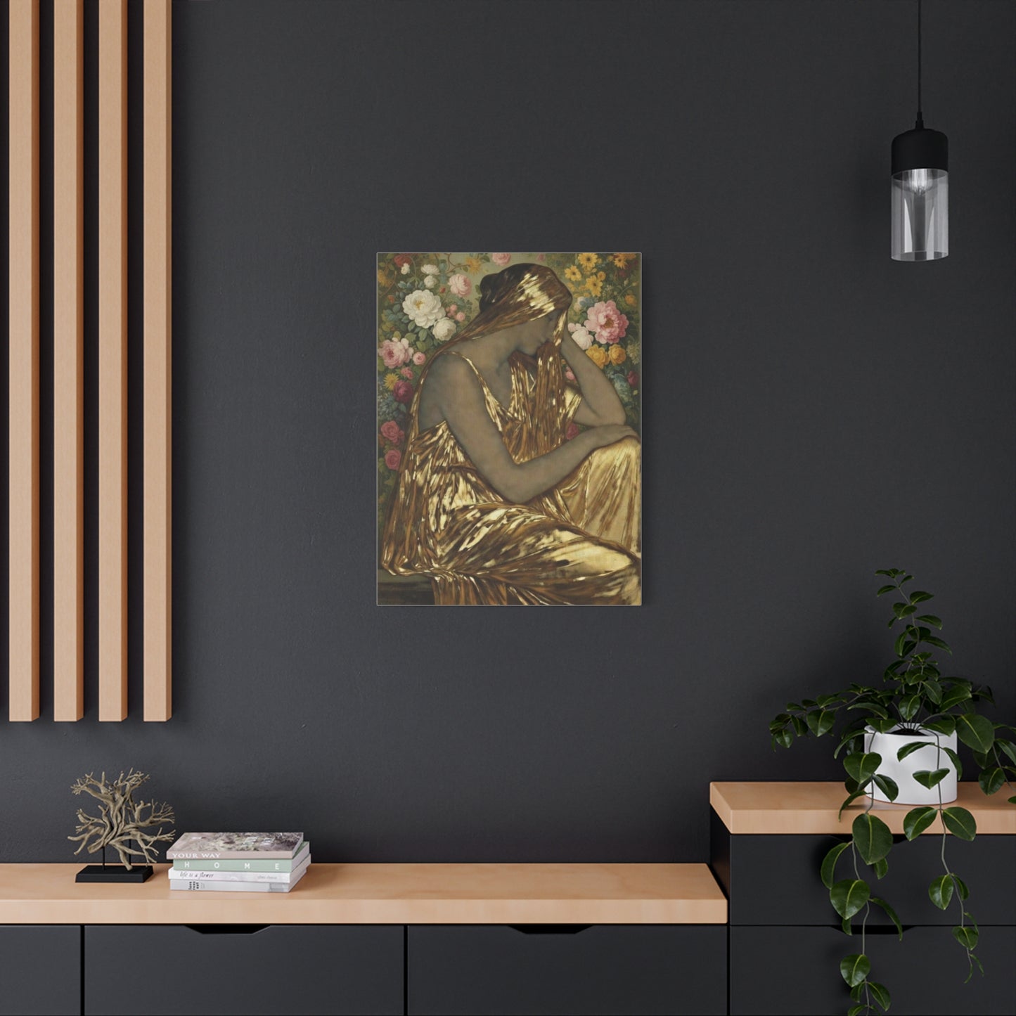Golden Muse Canvas Print — Woman in Gold Floral Art (Stretched Matte)