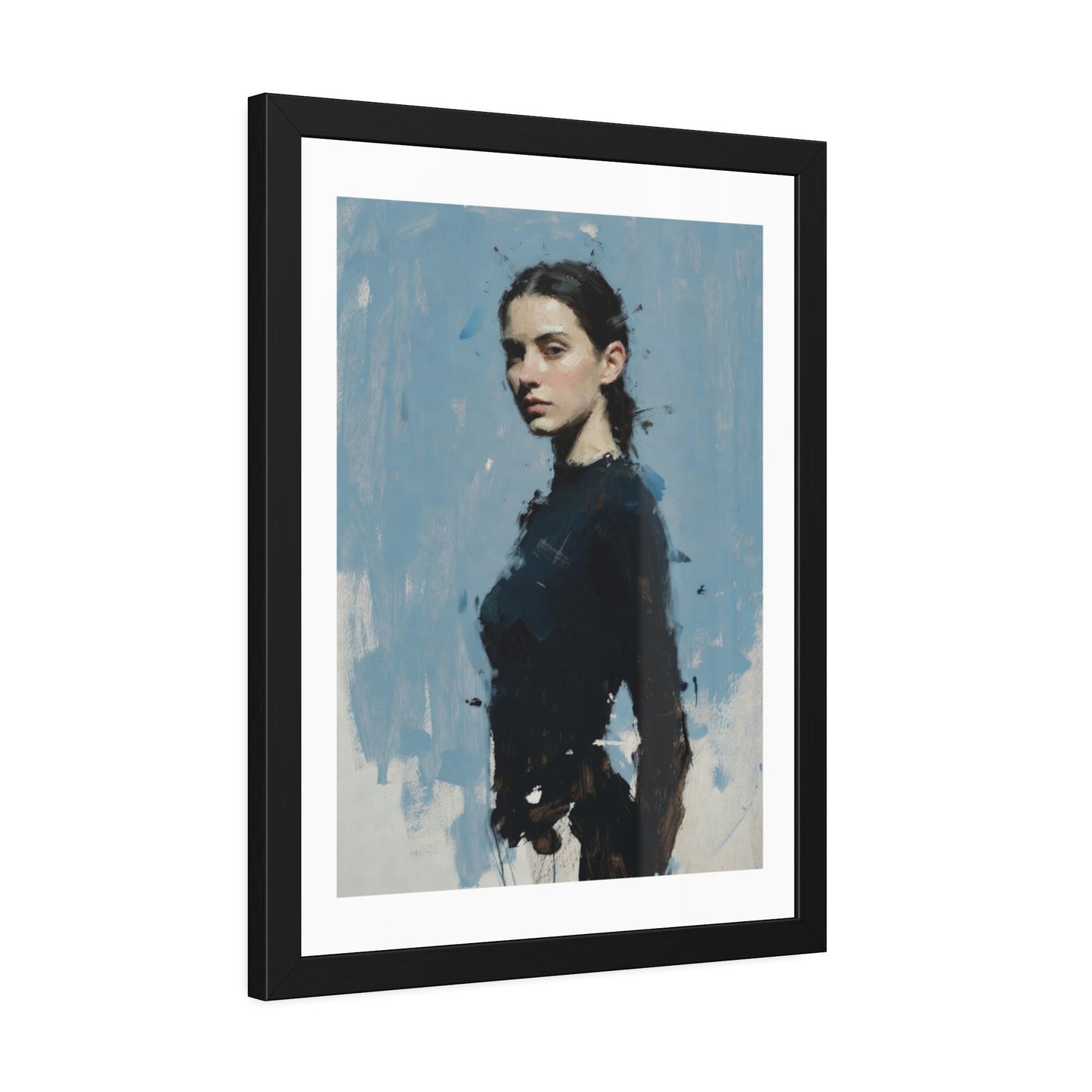 Framed Art Print — Moody Portrait with Blue Painterly Background