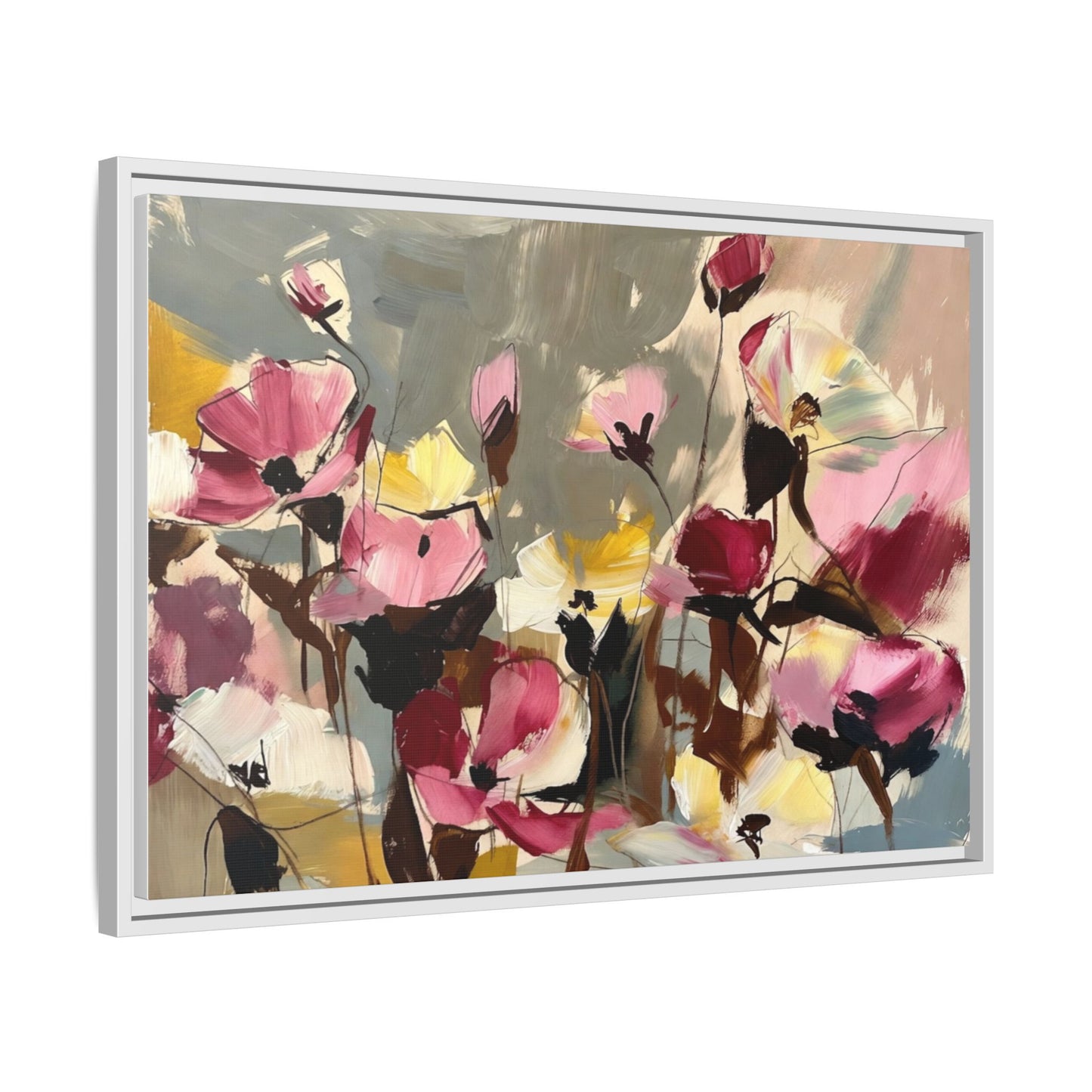 Framed Floral Canvas Wall Art — Abstract Pink & Yellow Flowers
