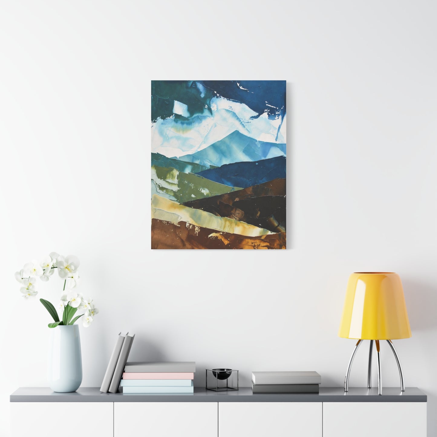 Abstract Mountain Landscape Matte Canvas Wall Art — Blue & Earth Tone Stretched Canvas