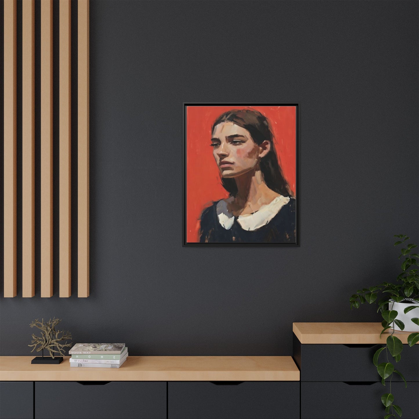 Framed Matte Canvas Portrait Print — Moody Red Figurative Art