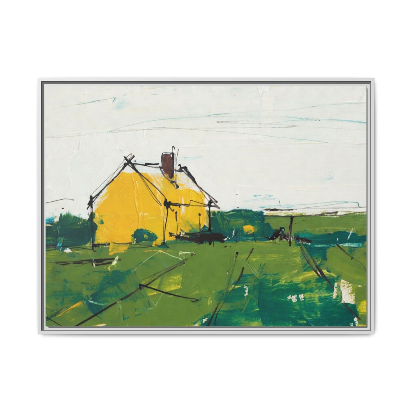 Yellow Cottage Landscape Framed Canvas Print