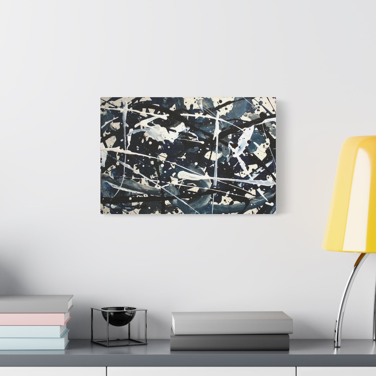 Abstract Drip Painting Canvas Print — Blue & Black Modern Wall Art (Matte Stretched)