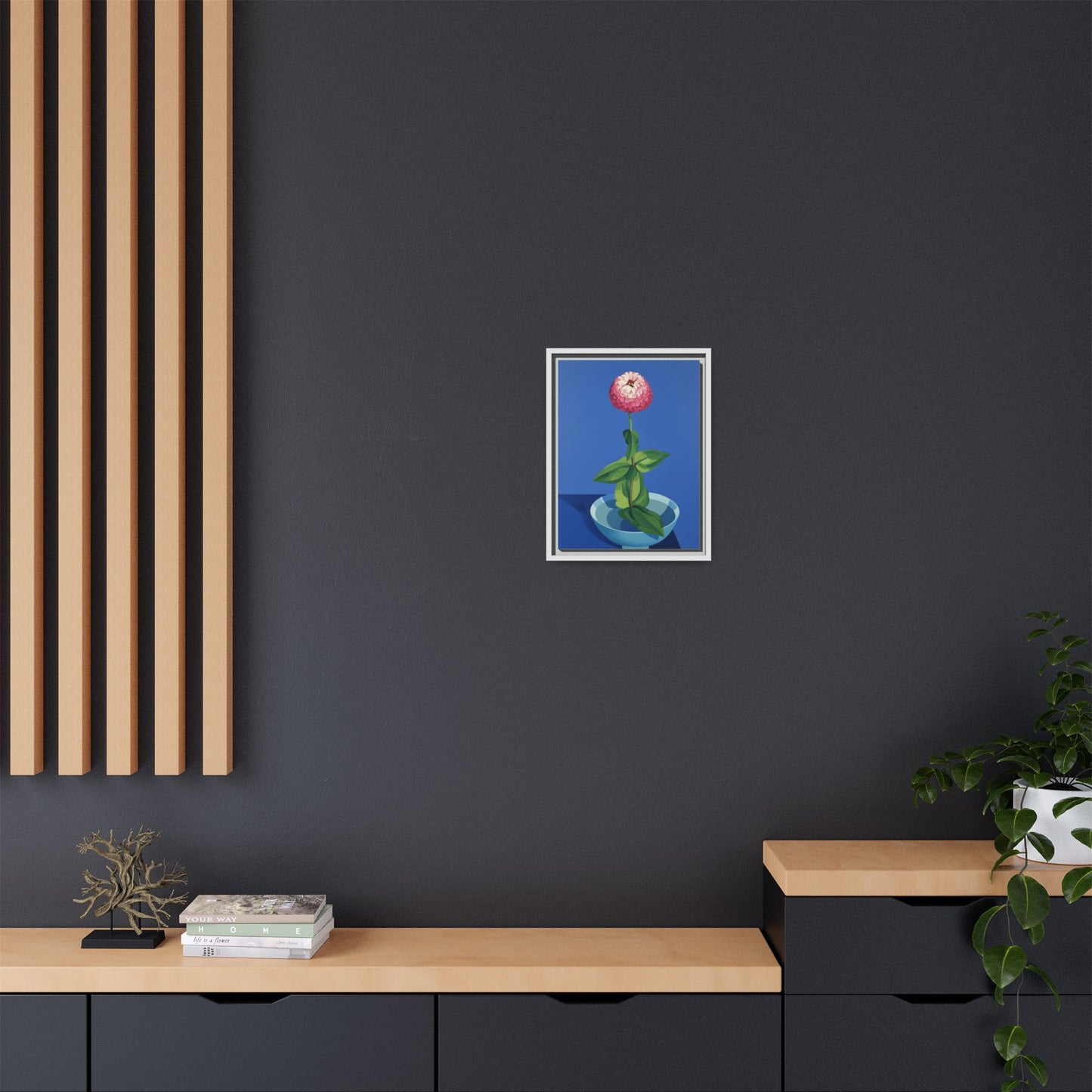 Framed Matte Canvas Art — Pink Zinnia in Blue Bowl (Botanical Still Life)