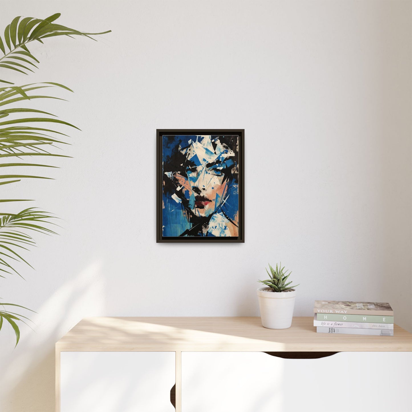 Abstract Portrait Matte Canvas Framed Wall Art — Blue Mixed-Media Face Print