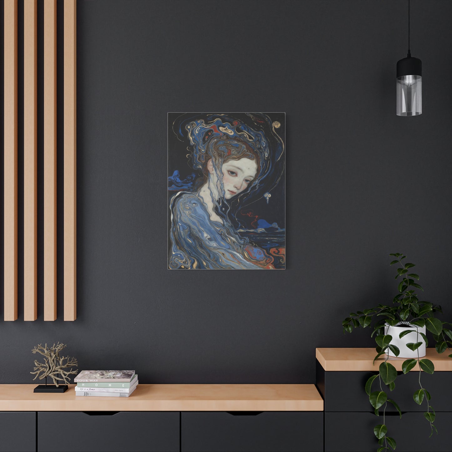 Ethereal Siren Matte Canvas Wall Art — Surreal Blue Portrait, Stretched 1.25"