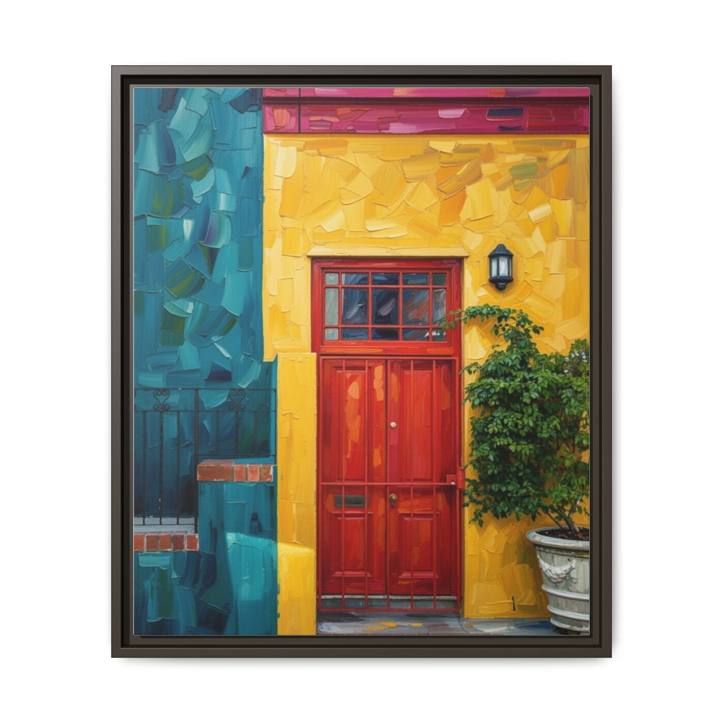 Framed Matte Canvas Wall Art — Colorful Red Door on Yellow Facade