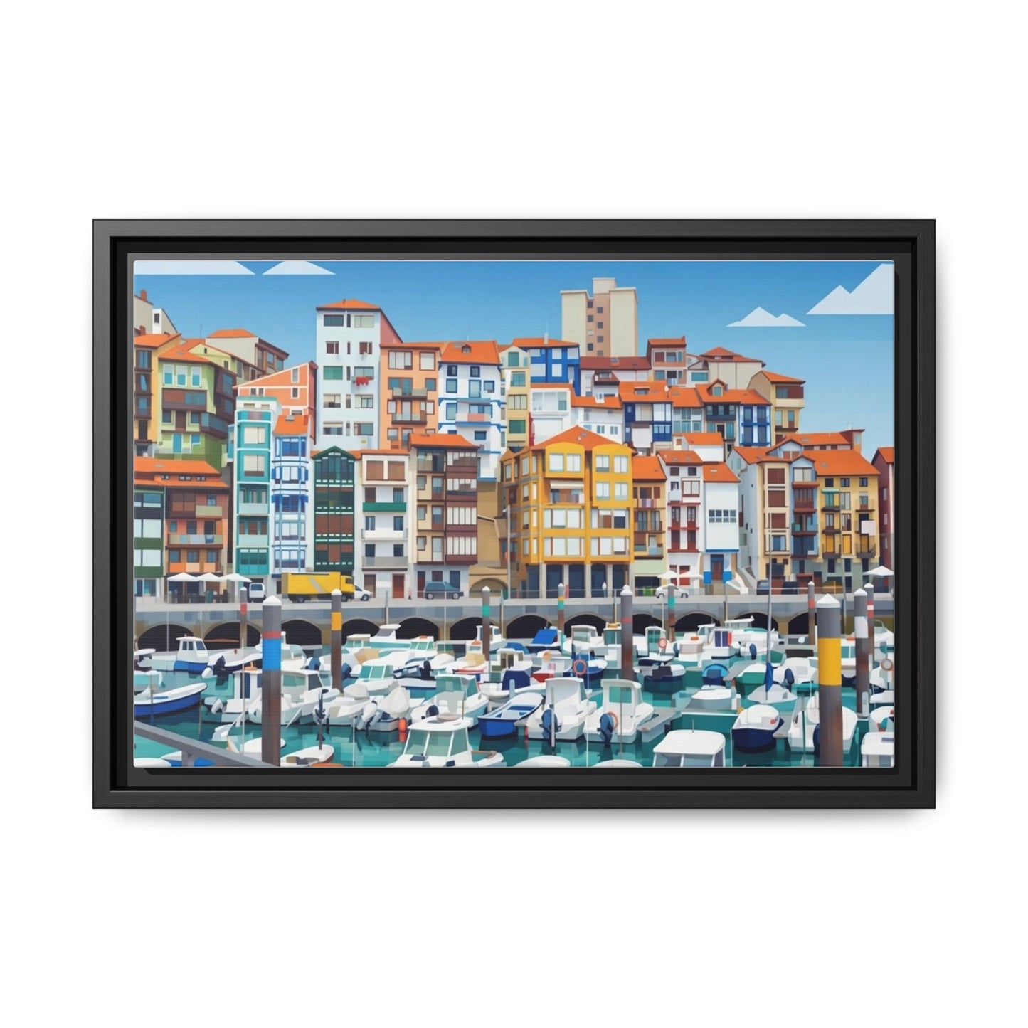 Framed Matte Canvas Print — Colorful Mediterranean Harbor Illustration