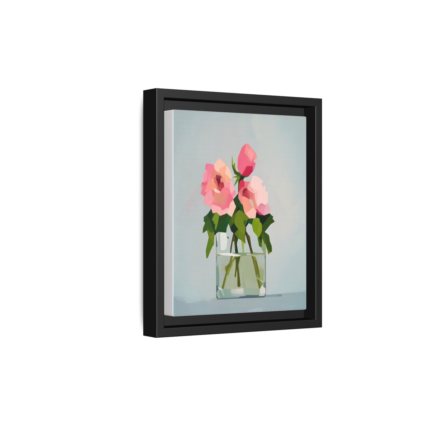 Framed Floral Canvas Print — Pink Roses in Glass Vase (Matte)
