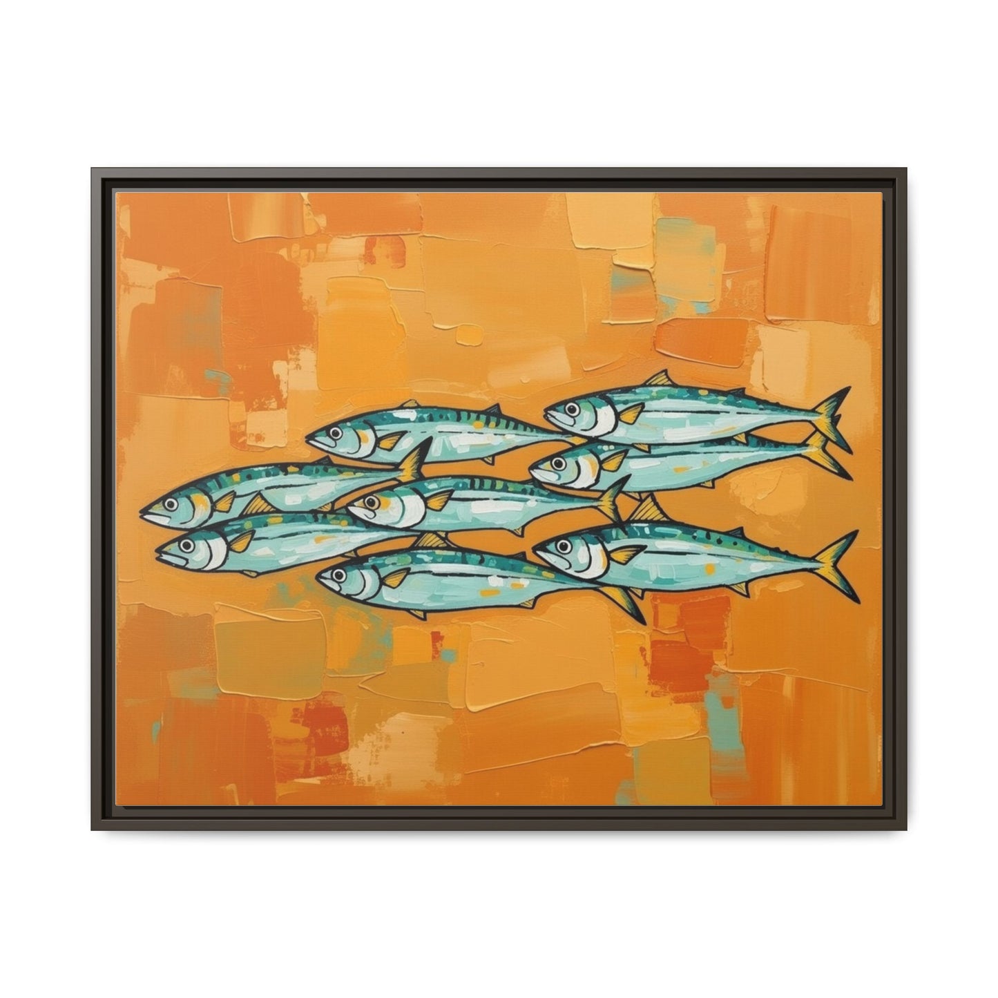 Framed Matte Canvas Print — School of Blue Fish on Orange Abstract Background
