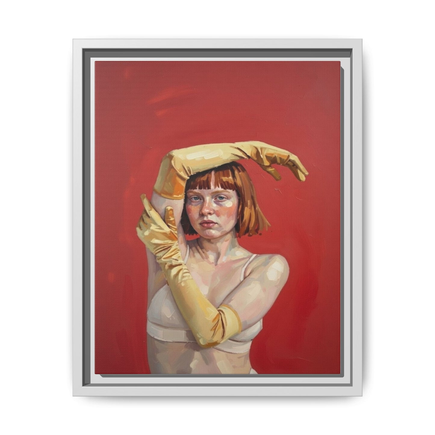 Framed Matte Canvas Art - Portrait of Woman in Yellow Gloves (Red Background)