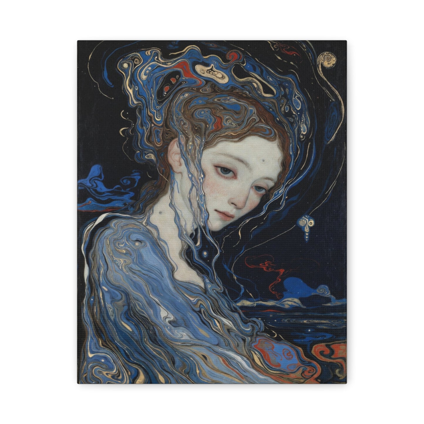 Ethereal Siren Matte Canvas Wall Art — Surreal Blue Portrait, Stretched 1.25"