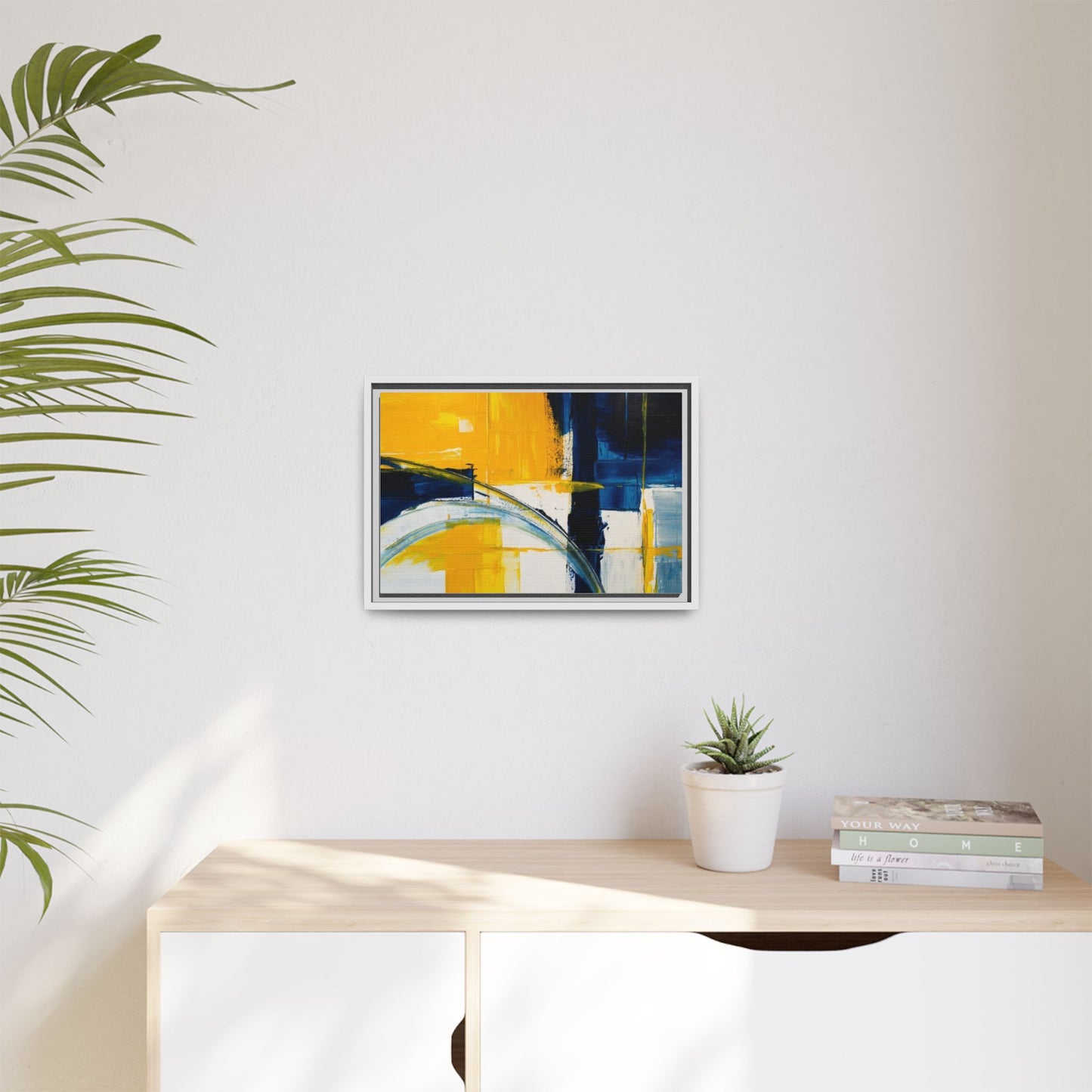 Abstract Yellow & Blue Framed Canvas Wall Art — Modern Matte Canvas Print
