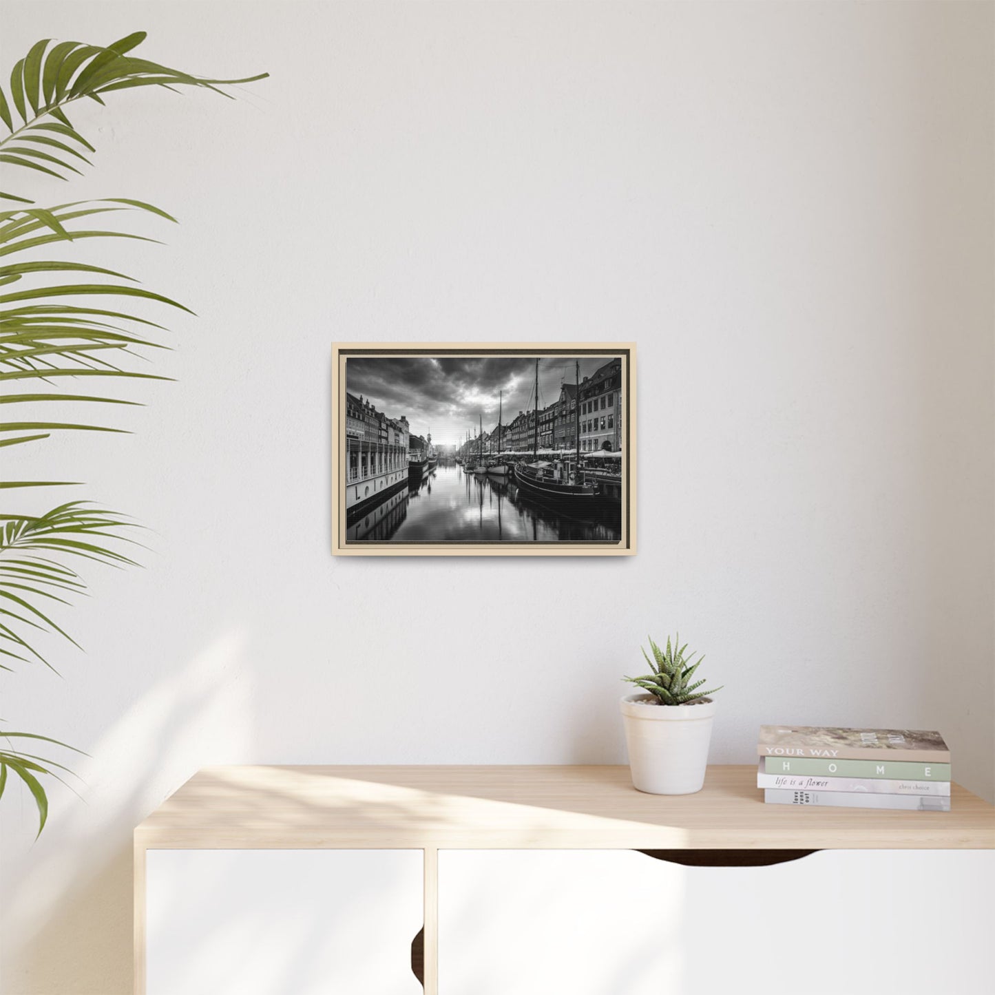 Framed Matte Canvas: Black & White Dutch Canal Photography Wall Art