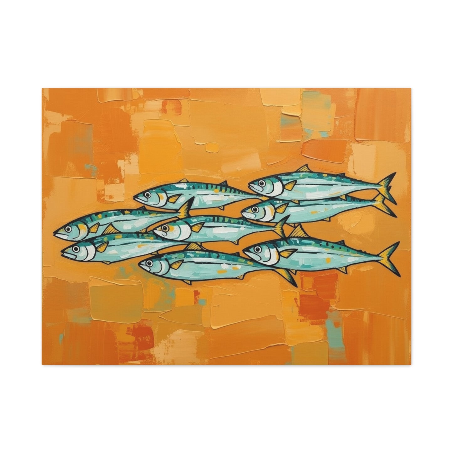 School of Mackerel Canvas Wall Art — Nautical Fish Painting on Orange Background